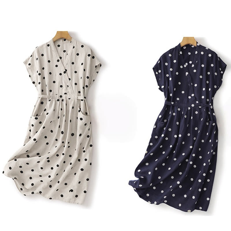 Abito midi da donna in cotone e lino con tasche, scollo a V Buddha Stones