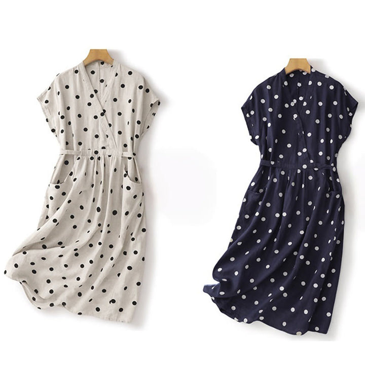 Abito midi da donna in cotone e lino con tasche, scollo a V Buddha Stones