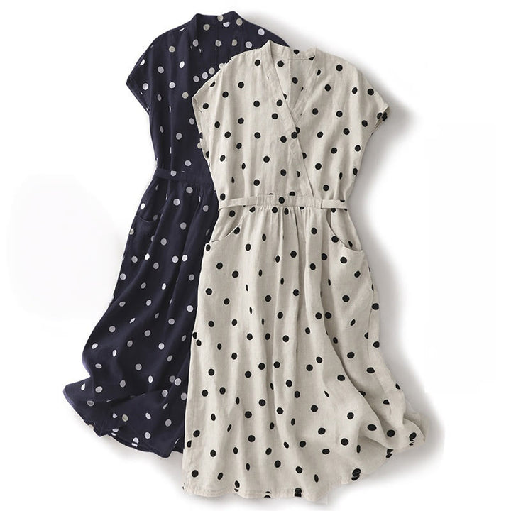 Abito midi da donna in cotone e lino con tasche, scollo a V Buddha Stones