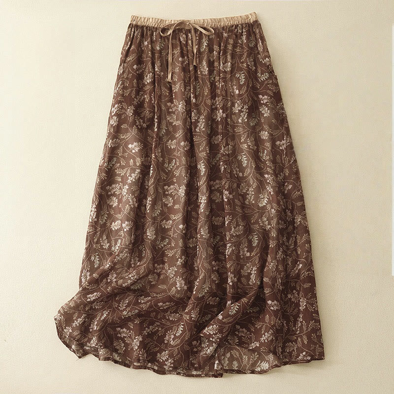 Gonna da donna a trapezio con elastico in vita e stampa floreale Buddha Stones, con tasche. - Marrone sella - US8-10, UK/AU12-14, EU40-42 (2XL) - image 0