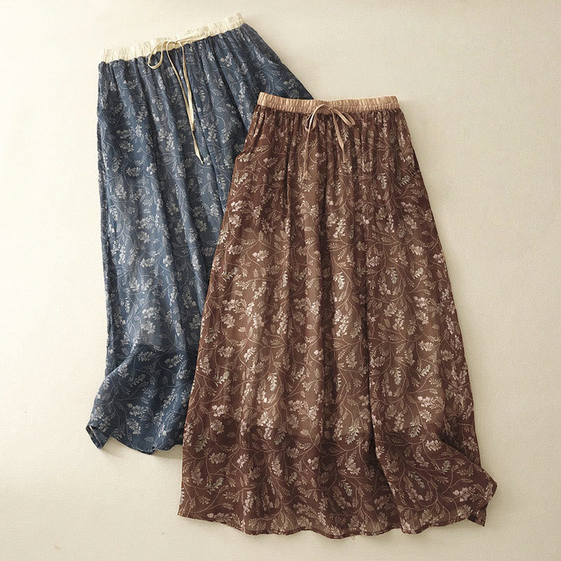 Gonna da donna in lino e cotone con tasche, a trapezio, floreale, con elastico in vita e motivo Buddha Stones