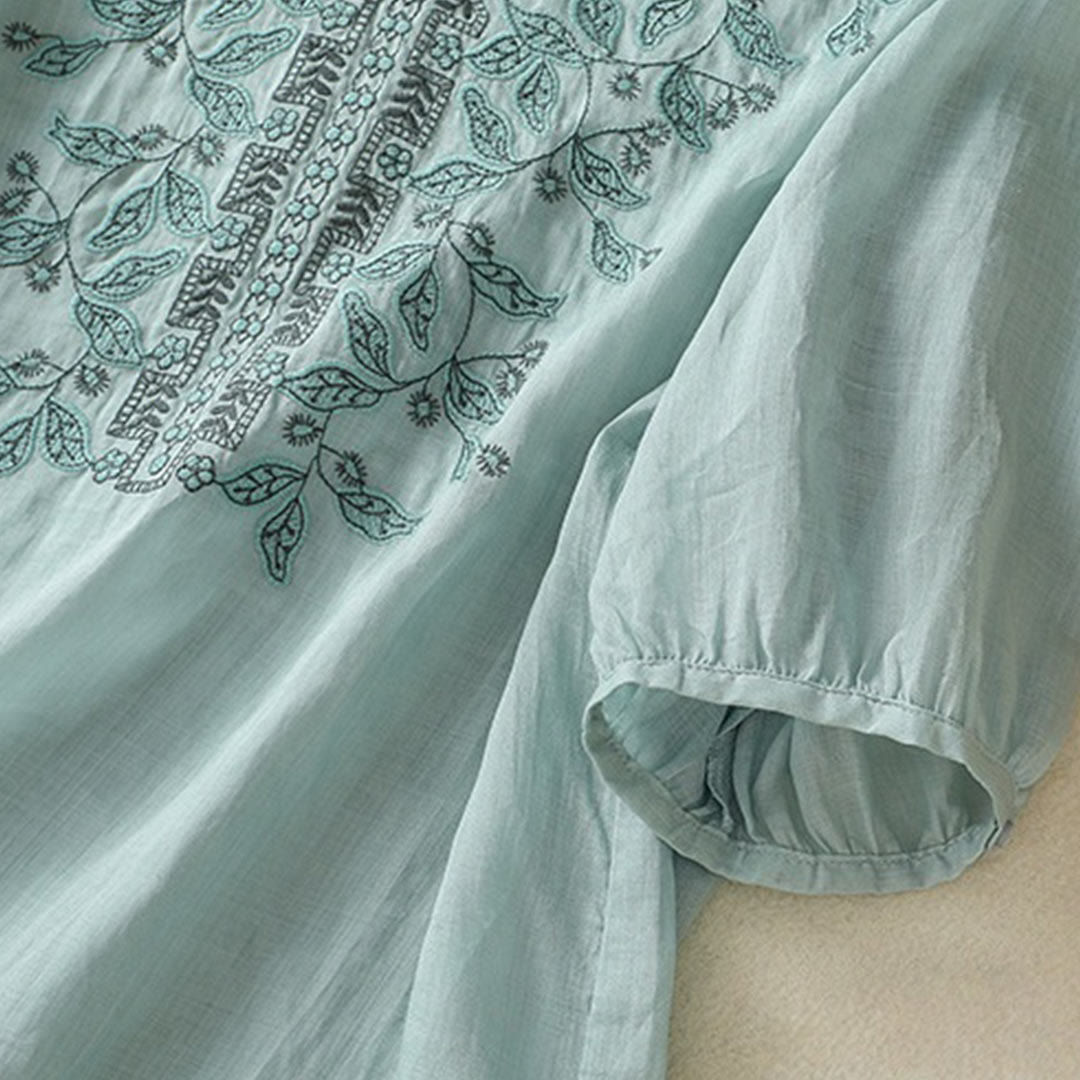 Maglietta casual da donna in cotone e lino con maniche corte, in pizzo ricamato con Buddha Stones - image 19