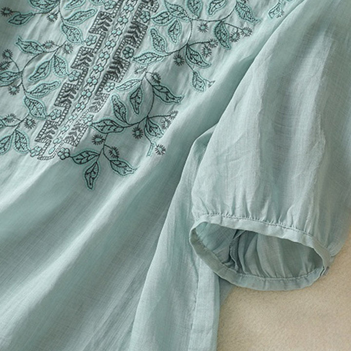 Maglietta casual da donna in cotone e lino con maniche corte, in pizzo ricamato con Buddha Stones - image 19