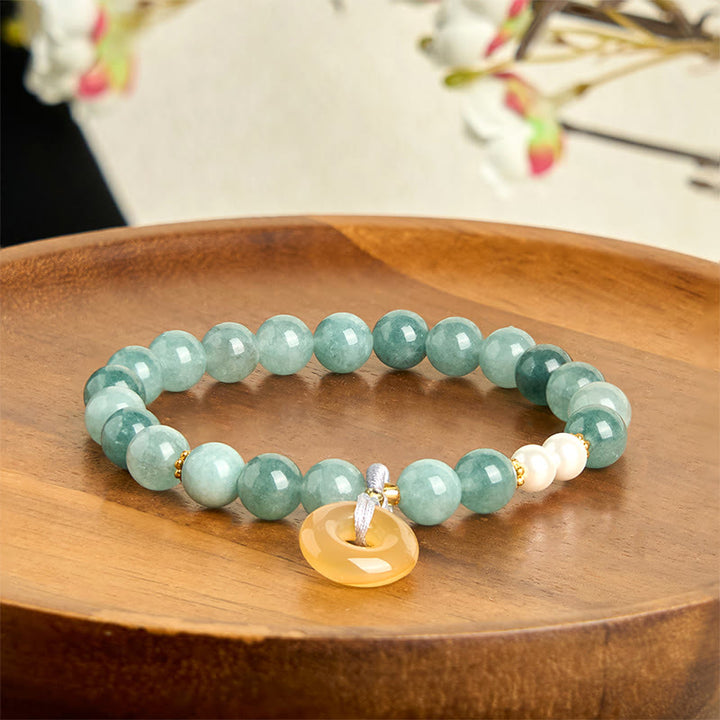 Bracciale della prosperità con perle e fibbia della pace in giada blu Buddha Stones