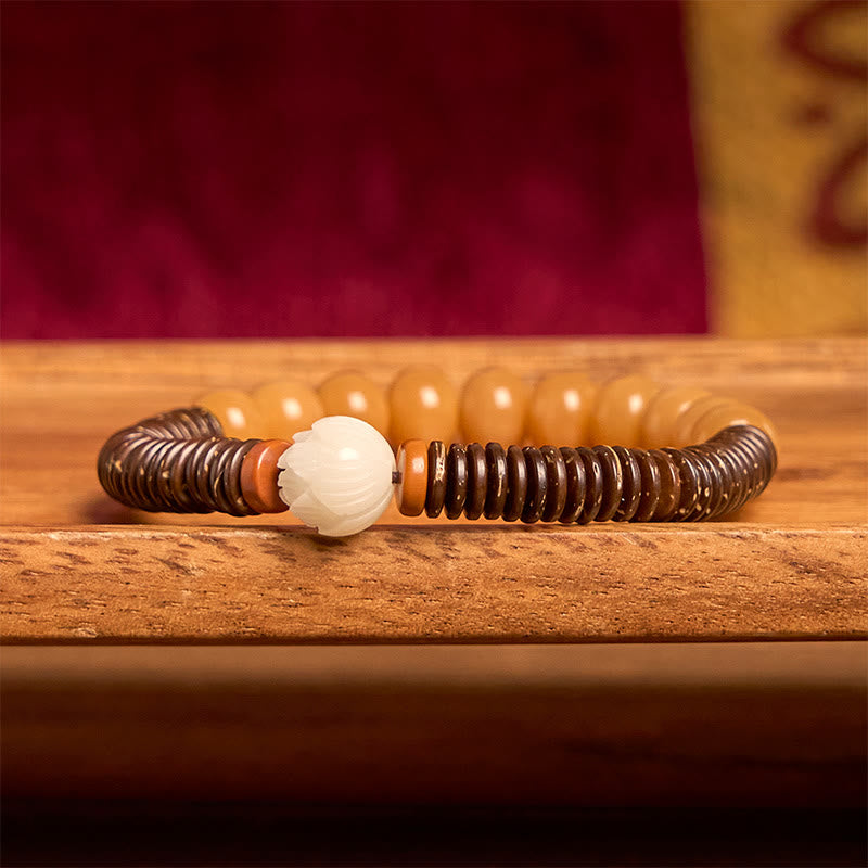Bracciale della saggezza con perline di Dzi, semi di Bodhi tibetani , Buddha Stones e guscio di cocco