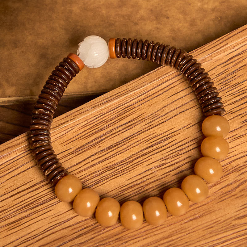 Bracciale della saggezza con perline di Dzi, semi di Bodhi tibetani , Buddha Stones e guscio di cocco