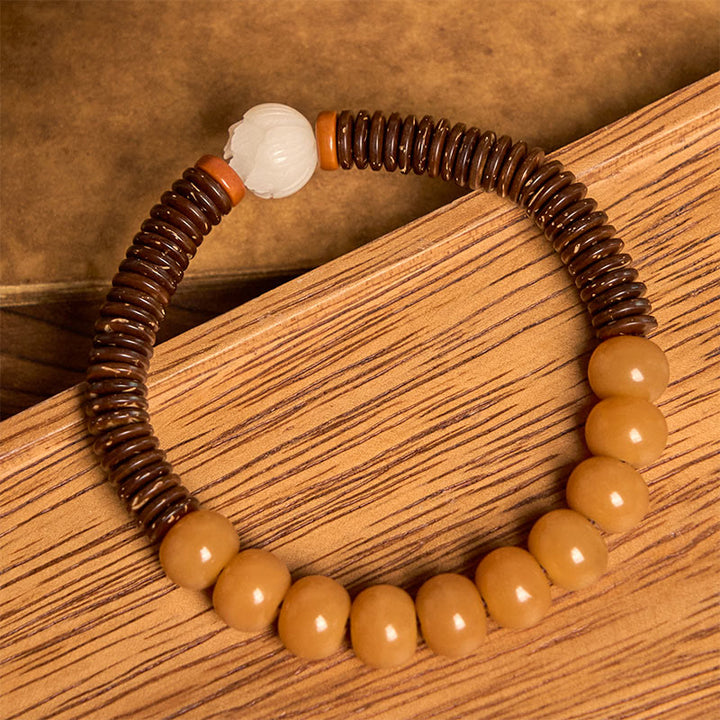 Bracciale della saggezza con perline di Dzi, semi di Bodhi tibetani , Buddha Stones e guscio di cocco
