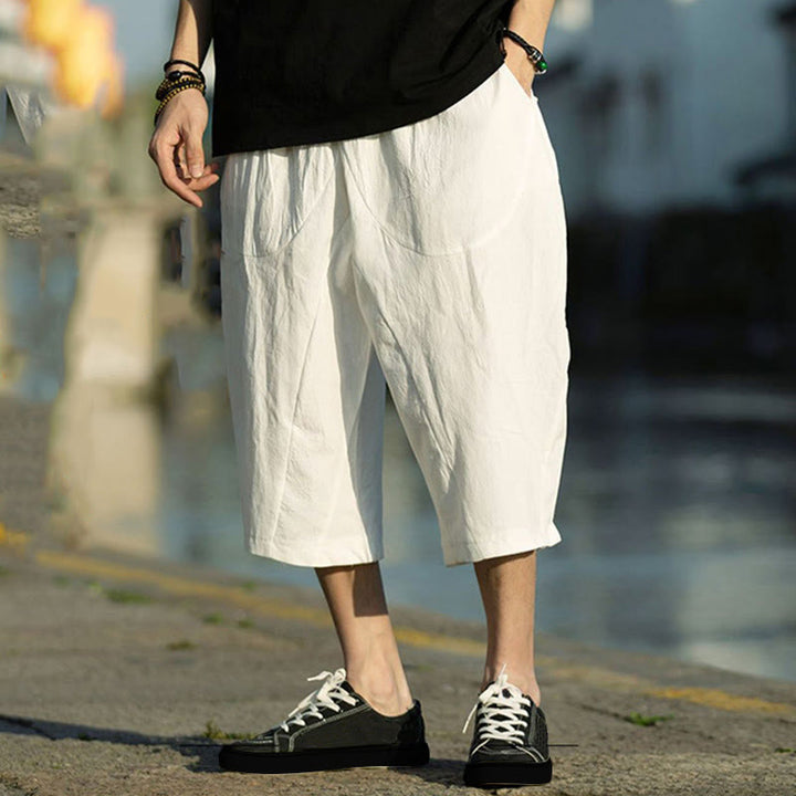 Pantaloni da uomo in lino e cotone con tasche, lunghezza 7-8, modello Buddha Stones, modello estivo con pieghe semplici e coulisse - Bianco - US/UK/AU46, EU56 (5XL) - image 25