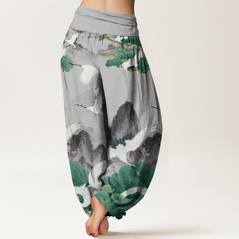Pantaloni harem da donna con motivo a gru, pini verdi e pietre Buddha Stones - image 1
