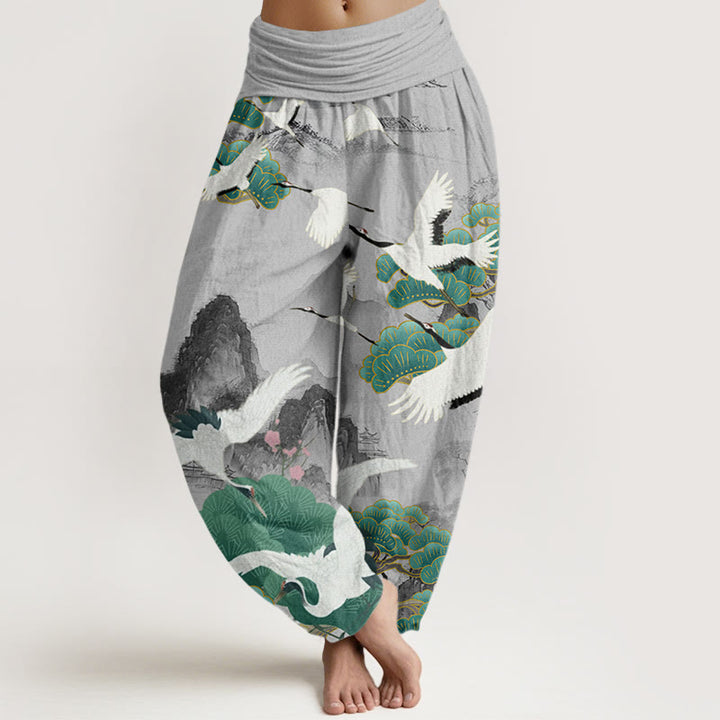 Pantaloni harem da donna con motivo a gru, pini verdi e pietre Buddha Stones - Grigio chiaro - US22, UK/AU26, EU54 (6XL) - image 1