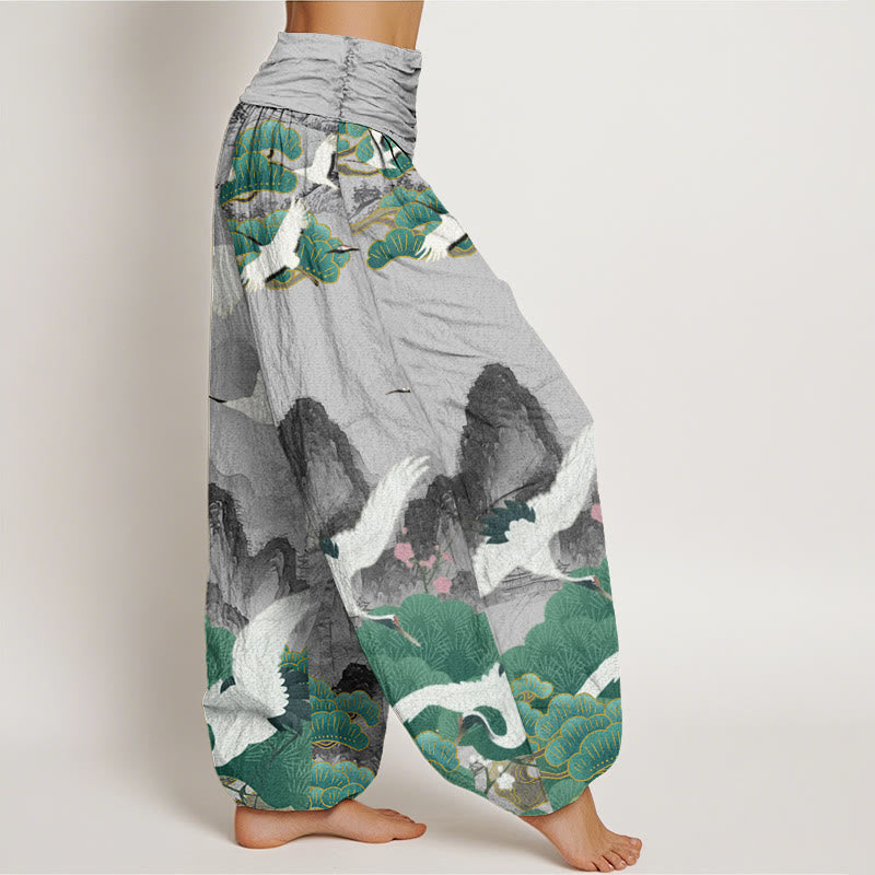 Pantaloni harem da donna con motivo a gru, pini verdi e pietre Buddha Stones - image 3