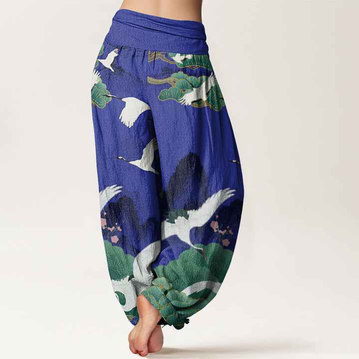 Pantaloni harem da donna con motivo a gru, pini verdi e pietre Buddha Stones - image 6