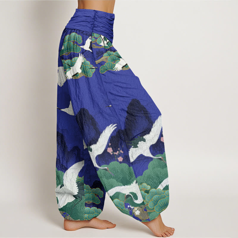 Pantaloni harem da donna con motivo a gru, pini verdi e pietre Buddha Stones - image 7