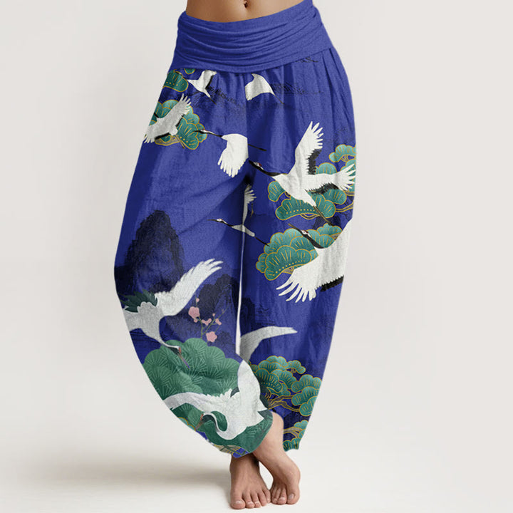 Pantaloni harem da donna con motivo a gru, pini verdi e pietre Buddha Stones - Indaco - US22, UK/AU26, EU54 (6XL) - image 4