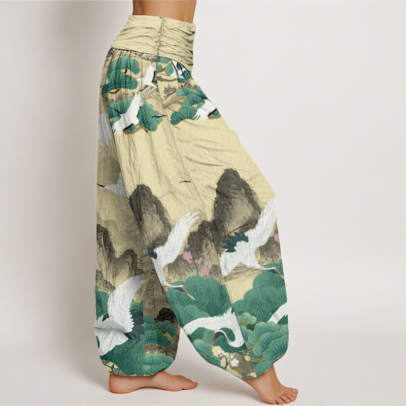 Pantaloni harem da donna con motivo a gru, pini verdi e pietre Buddha Stones - image 9