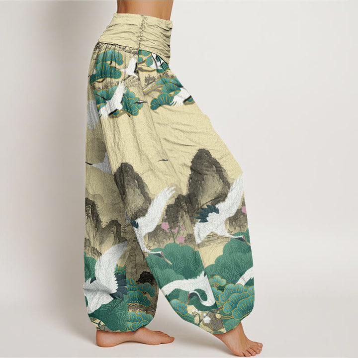 Pantaloni harem da donna con motivo a gru, pini verdi e pietre Buddha Stones - image 9