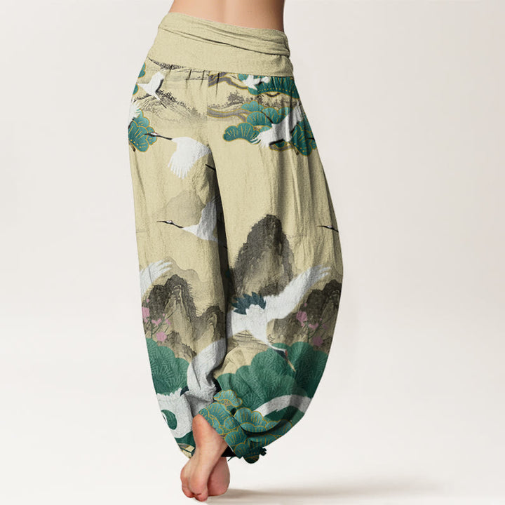 Pantaloni harem da donna con motivo a gru, pini verdi e pietre Buddha Stones - image 9