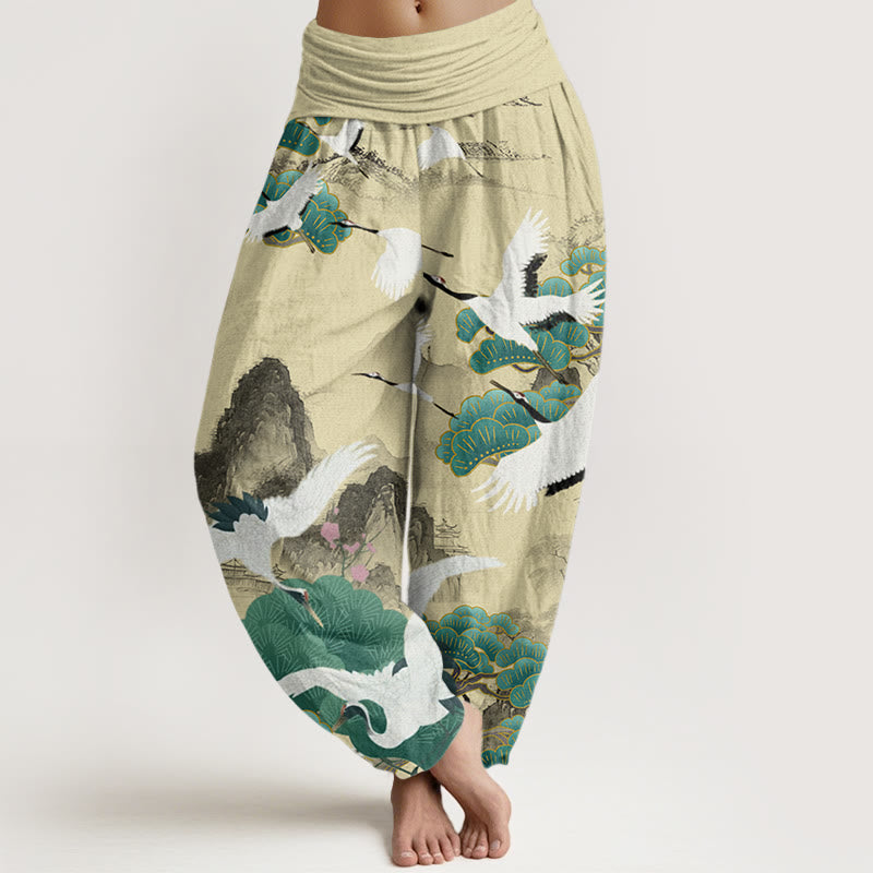 Pantaloni harem da donna con motivo a gru, pini verdi e pietre Buddha Stones - LemonChiffon - US22, UK/AU26, EU54 (6XL) - image 8