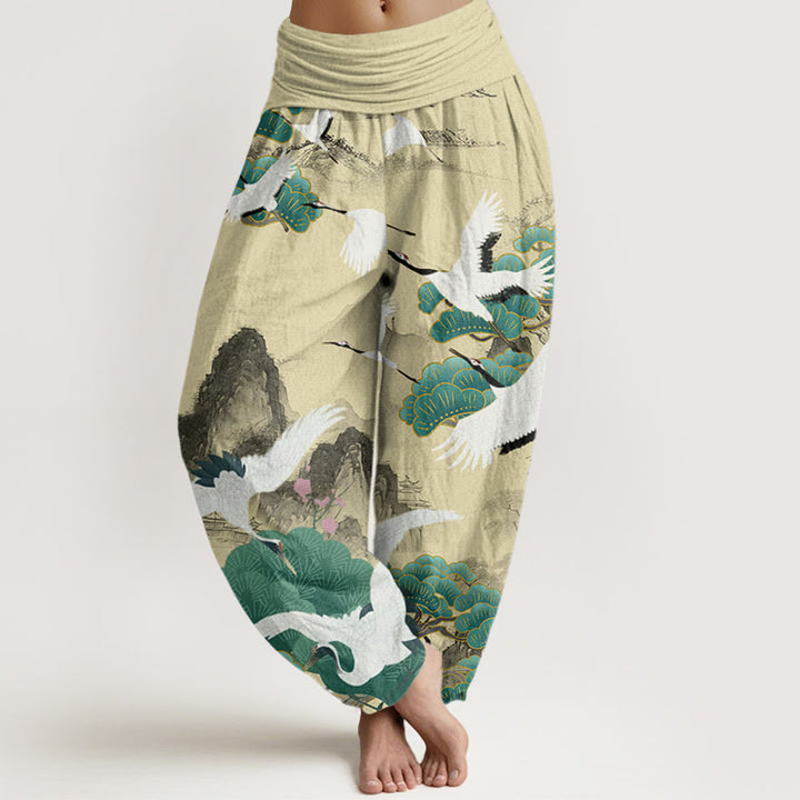 Pantaloni harem da donna con motivo a gru, pini verdi e pietre Buddha Stones - LemonChiffon - US22, UK/AU26, EU54 (6XL) - image 8