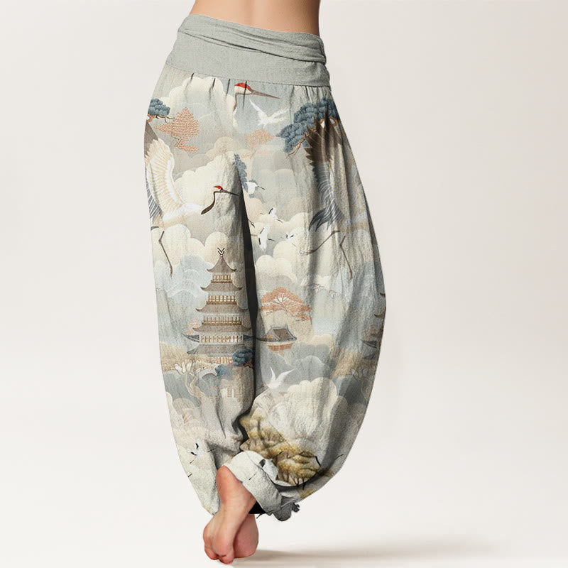 Pantaloni harem da donna con motivo Buddha Stones, Nuvole e Pagode - image 1