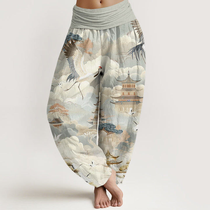 Pantaloni harem da donna con motivo Buddha Stones, Nuvole e Pagode - DarkSeaGreen - US22, UK/AU26, EU54 (6XL) - image 1