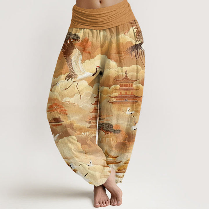 Pantaloni harem da donna in cotone con motivo Buddha Stones, gru, nuvole e pagode - Verga d'oro - US22, UK/AU26, EU54 (6XL) - image 7
