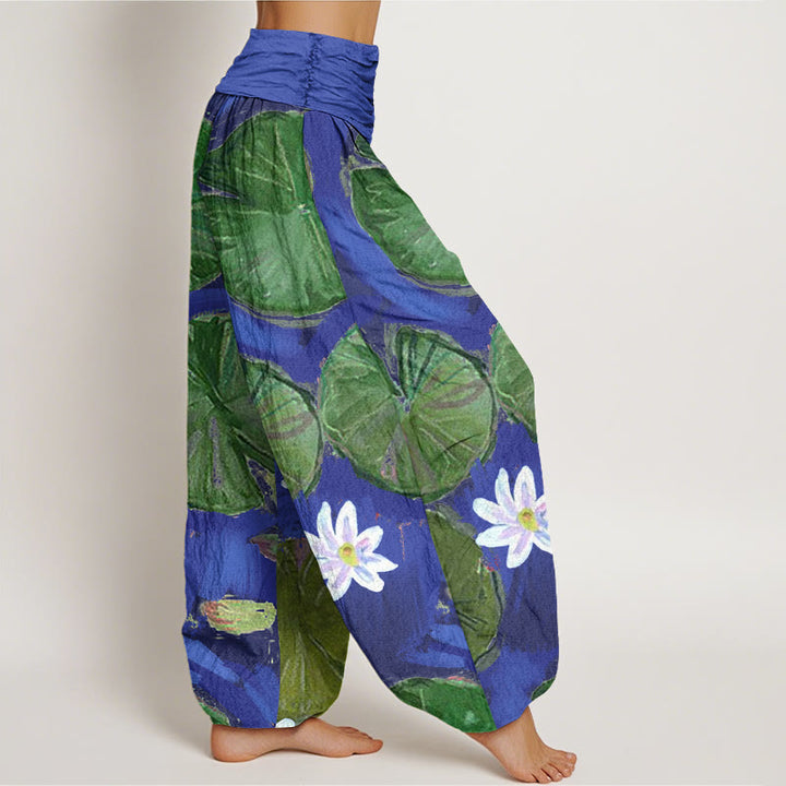 Pantaloni harem da donna con motivo a foglie di loto verdi e fiori bianchi, stile casual, motivo Buddha Stones - image 2
