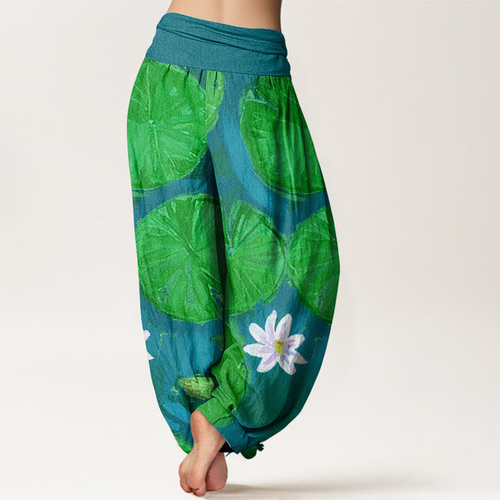 Pantaloni harem da donna con motivo a foglie di loto verdi e fiori bianchi, stile casual, motivo Buddha Stones - image 6