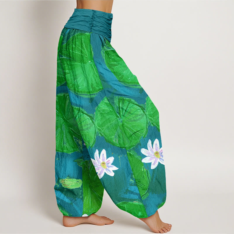 Pantaloni harem da donna con motivo a foglie di loto verdi e fiori bianchi, stile casual, motivo Buddha Stones - image 7