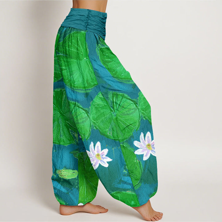 Pantaloni harem da donna con motivo a foglie di loto verdi e fiori bianchi, stile casual, motivo Buddha Stones - image 6