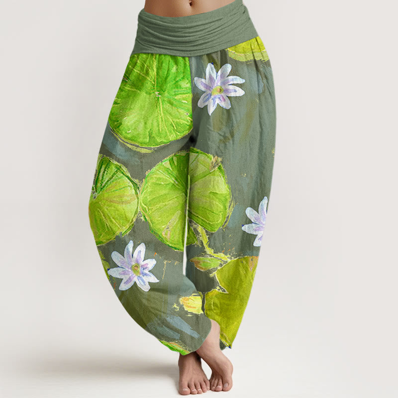 Pantaloni harem da donna con motivo a foglie di loto verdi e fiori bianchi, stile casual, motivo Buddha Stones - DarkSeaGreen - US22, UK/AU26, EU54 (6XL) - image 8