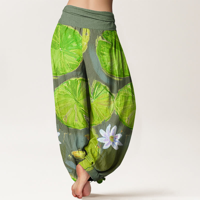 Pantaloni harem da donna con motivo a foglie di loto verdi e fiori bianchi, stile casual, motivo Buddha Stones - image 8
