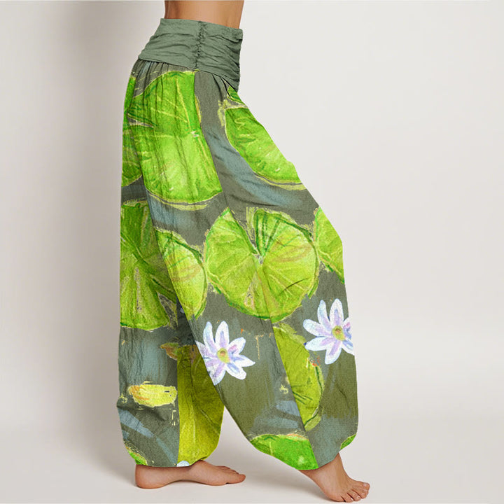 Pantaloni harem da donna in cotone casual con foglie di loto verdi e fiori bianchi, motivo Buddha Stones - image 9