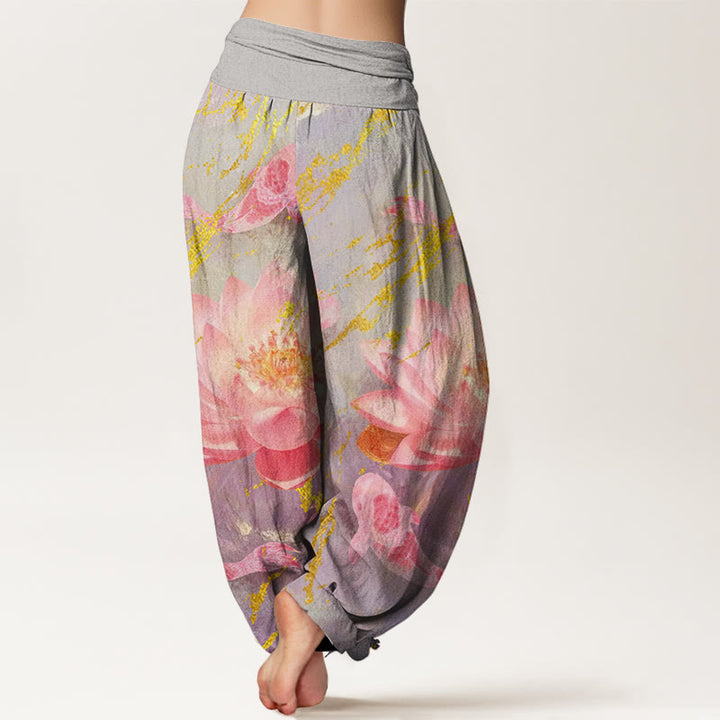 Pantaloni harem da donna in cotone con motivo a fiori di loto e pesci koi, stile casual, motivo Buddha Stones - image 1