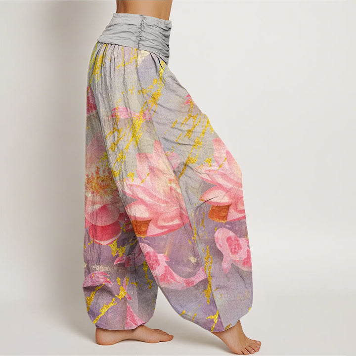 Pantaloni harem da donna in cotone con motivo a fiori di loto e pesci koi, stile casual, motivo Buddha Stones - image 2