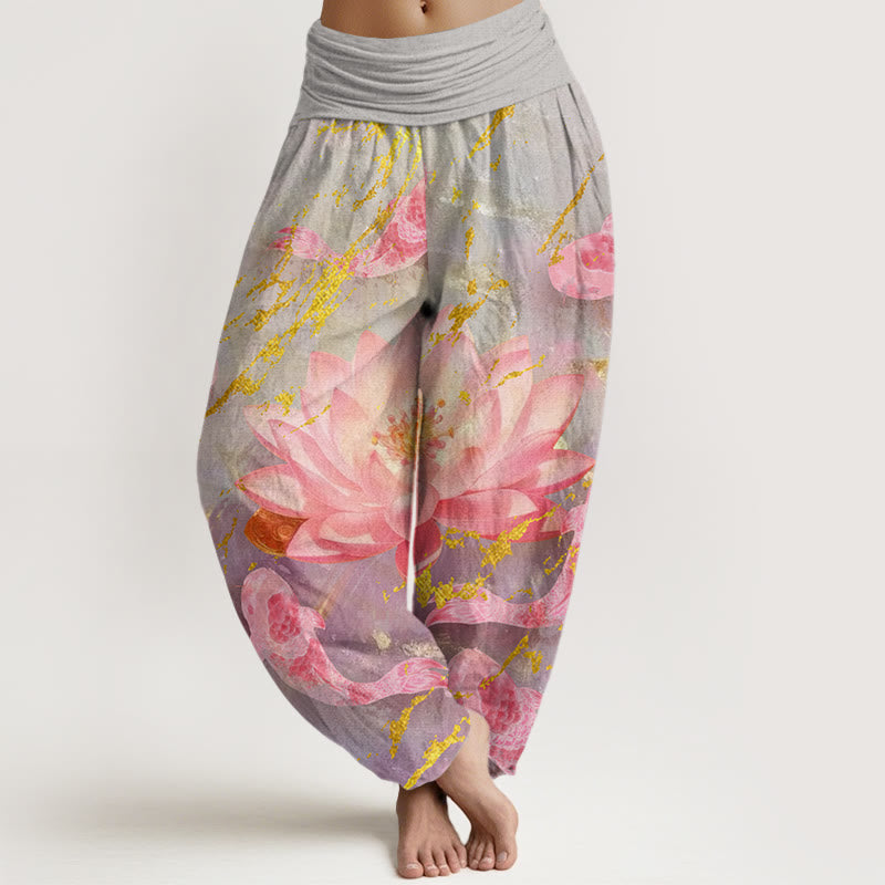 Pantaloni harem da donna in cotone con motivo a fiori di loto e pesci koi, stile casual, motivo Buddha Stones - Grigio scuro - US22, UK/AU26, EU54 (6XL) - image 0