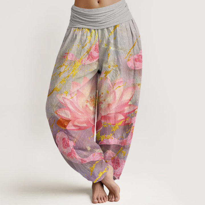 Pantaloni harem da donna in cotone con motivo a fiori di loto e pesci koi, stile casual, motivo Buddha Stones - Grigio scuro - US22, UK/AU26, EU54 (6XL) - image 0
