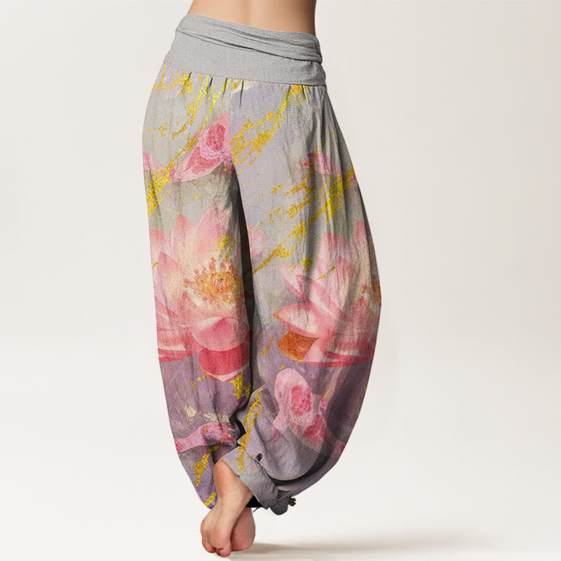 Pantaloni harem da donna con motivo a fiori di loto e pesci koi, stile casual, motivo Buddha Stones - image 2