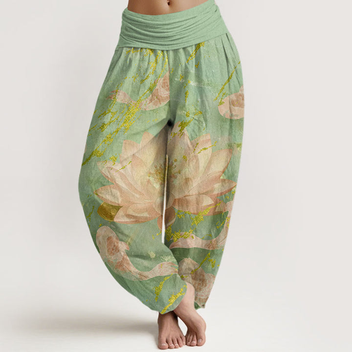 Pantaloni harem da donna in cotone con motivo a fiori di loto e pesci koi, stile casual, motivo Buddha Stones - Verde chiaro - US22, UK/AU26, EU54 (6XL) - image 4