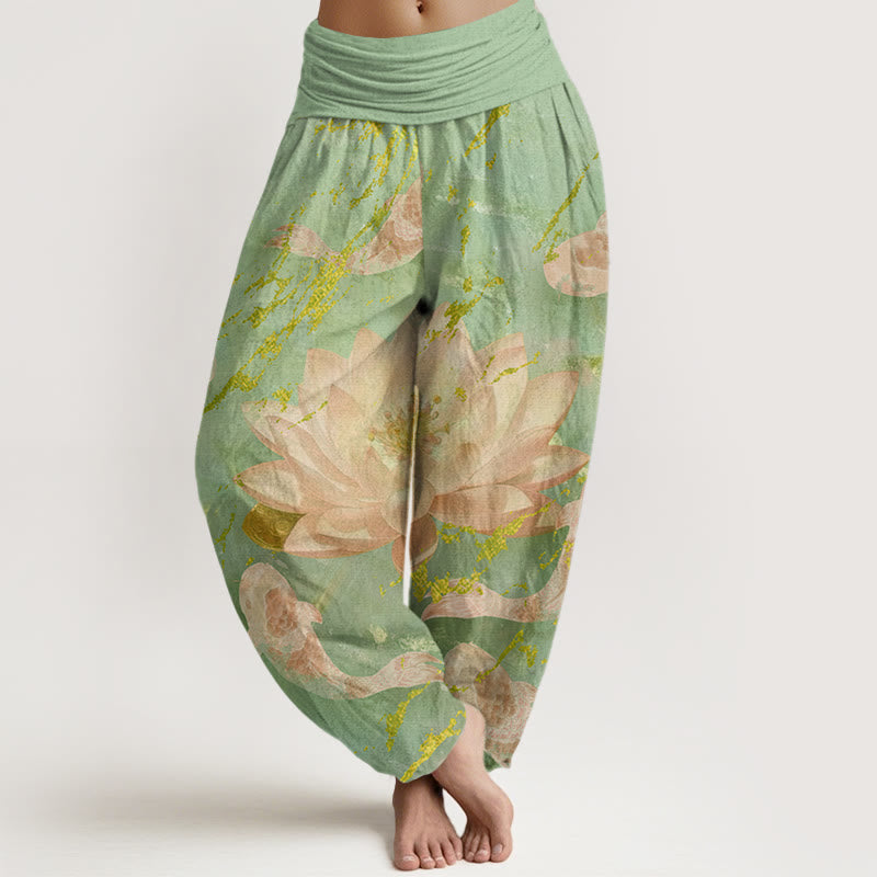Pantaloni harem da donna con motivo a fiori di loto e pesci koi, stile casual, motivo Buddha Stones - Verde chiaro - US22, UK/AU26, EU54 (6XL) - image 4