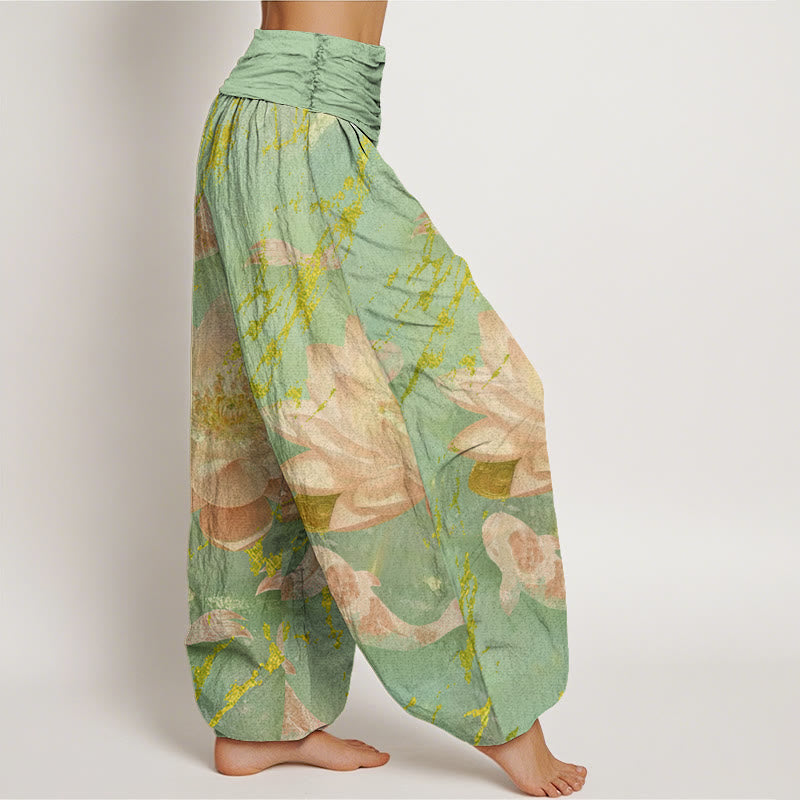 Pantaloni harem da donna in cotone con motivo a fiori di loto e pesci koi, stile casual, motivo Buddha Stones - image 6