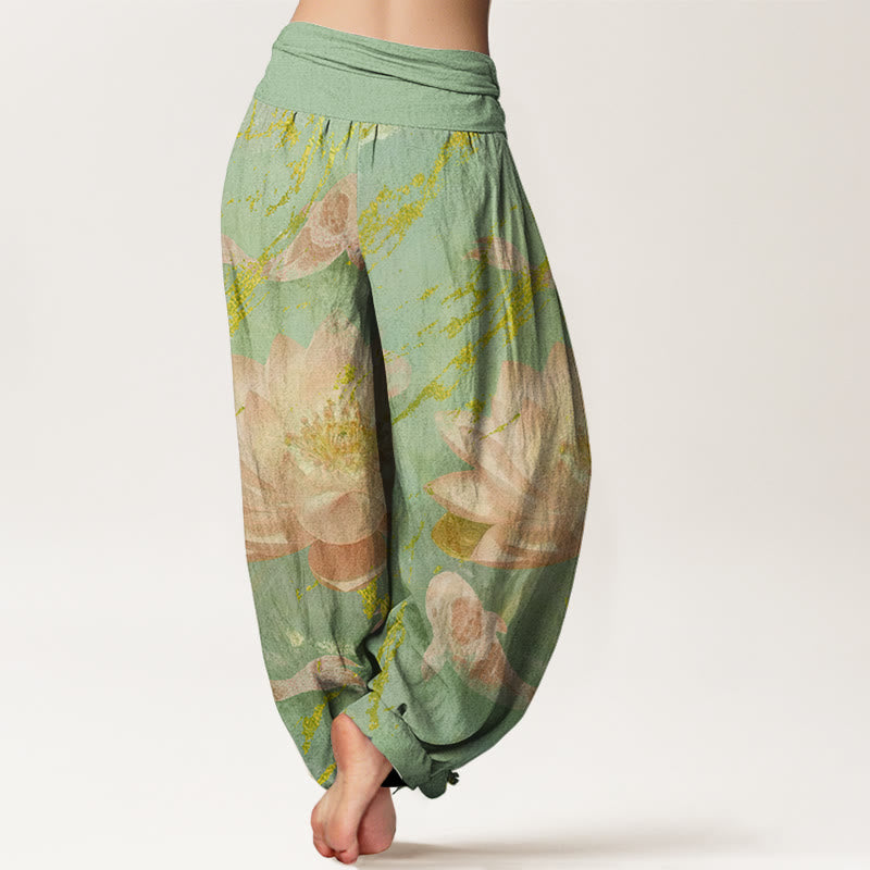 Pantaloni harem da donna con motivo a fiori di loto e pesci koi, stile casual, motivo Buddha Stones - image 5