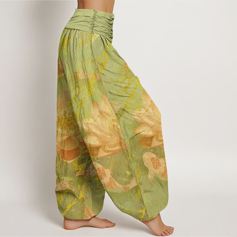 Pantaloni harem da donna in cotone con motivo a fiori di loto e pesci koi, stile casual, motivo Buddha Stones - image 9