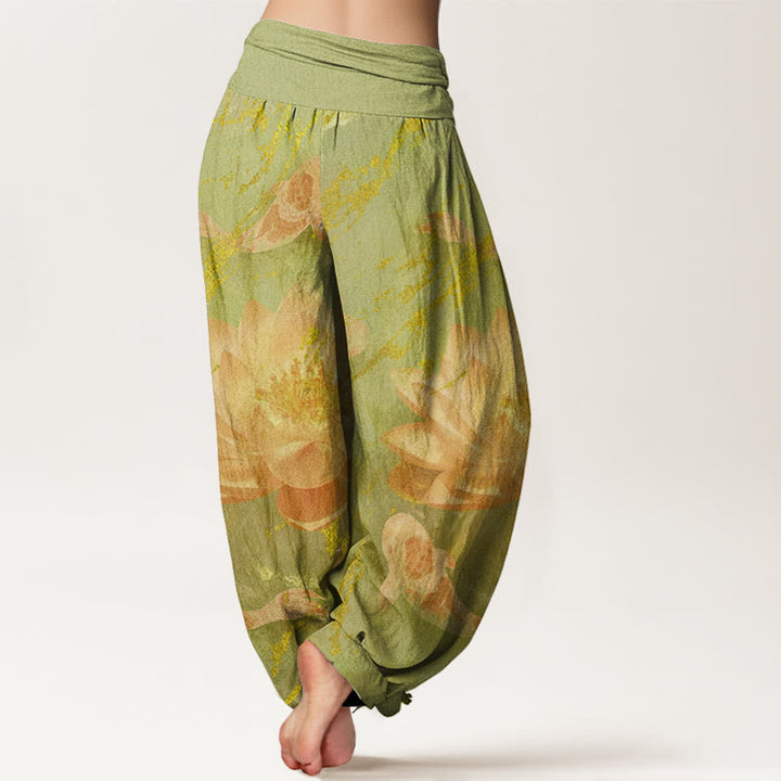 Pantaloni harem da donna con motivo a fiori di loto e pesci koi, stile casual, motivo Buddha Stones - image 8