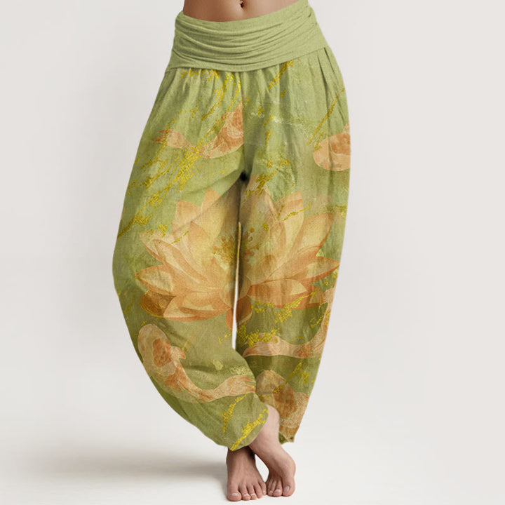 Pantaloni harem da donna in cotone con motivo a fiori di loto e pesci koi, stile casual, motivo Buddha Stones - Verde Giallo - US22, UK/AU26, EU54 (6XL) - image 7