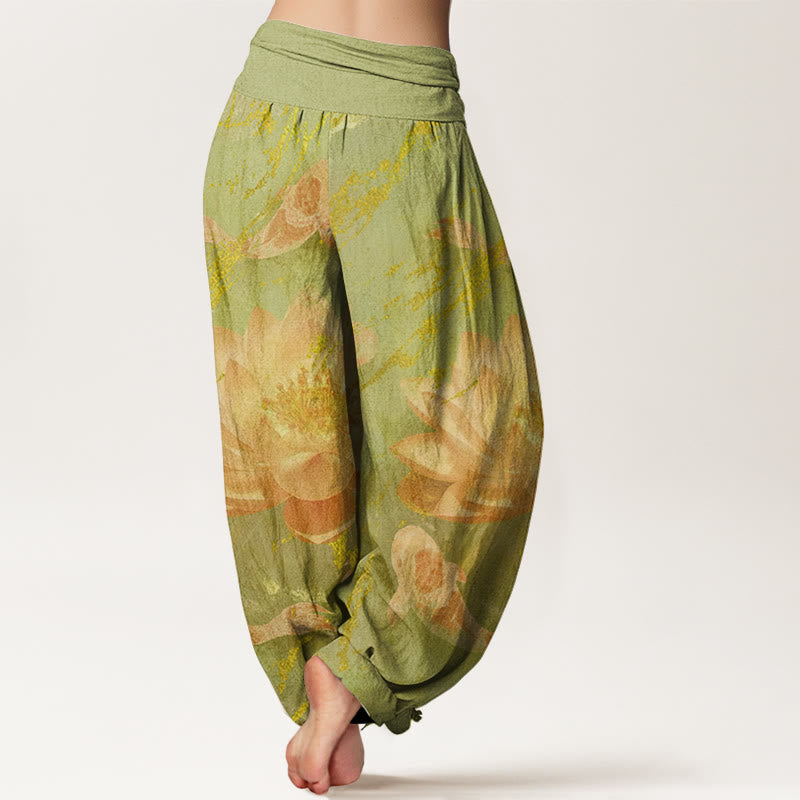 Pantaloni harem da donna in cotone con motivo a fiori di loto e pesci koi, stile casual, motivo Buddha Stones - image 8