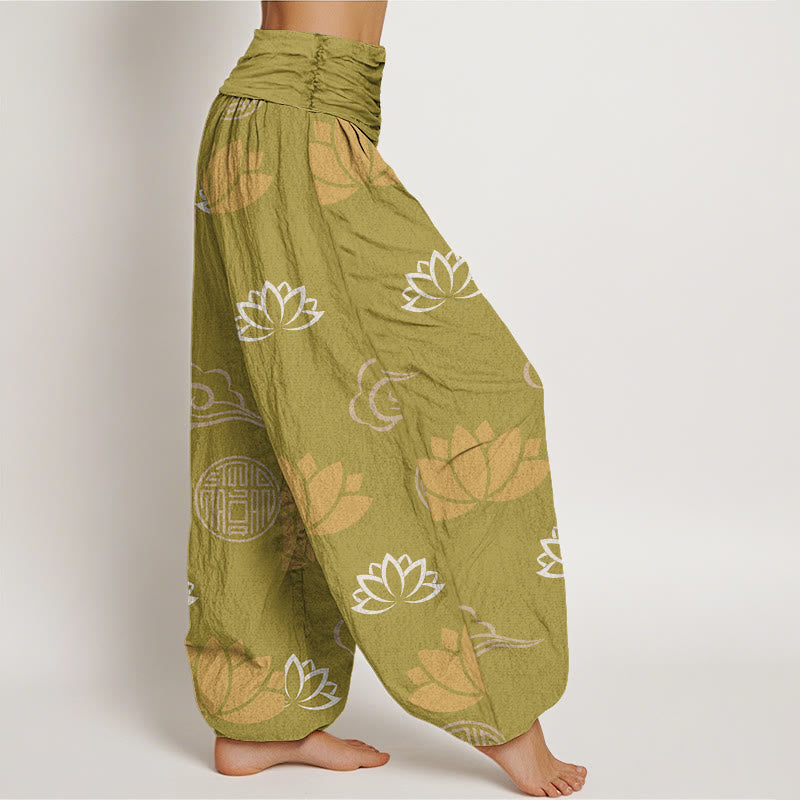 Pantaloni harem da donna con motivo a nuvole, lanterne, fiori di loto e pietre Buddha Stones - image 2