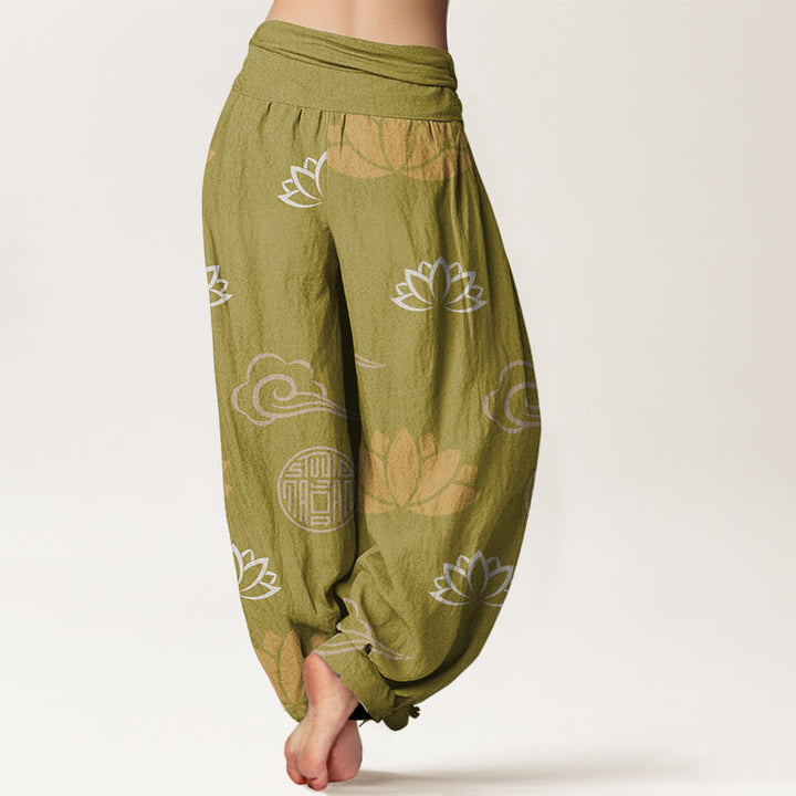 Pantaloni harem da donna in cotone con motivo a nuvole e lanterne, motivo casual, motivo fiori di loto e Buddha Stones - image 1