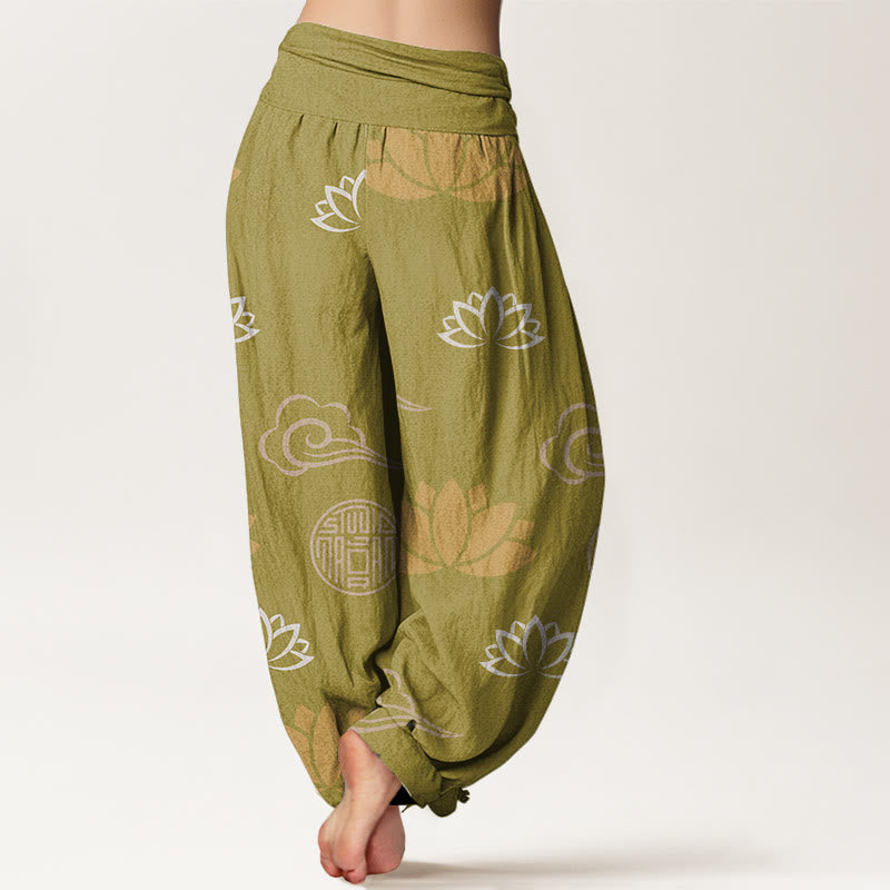Pantaloni harem da donna con motivo a nuvole, lanterne, fiori di loto e pietre Buddha Stones - image 1