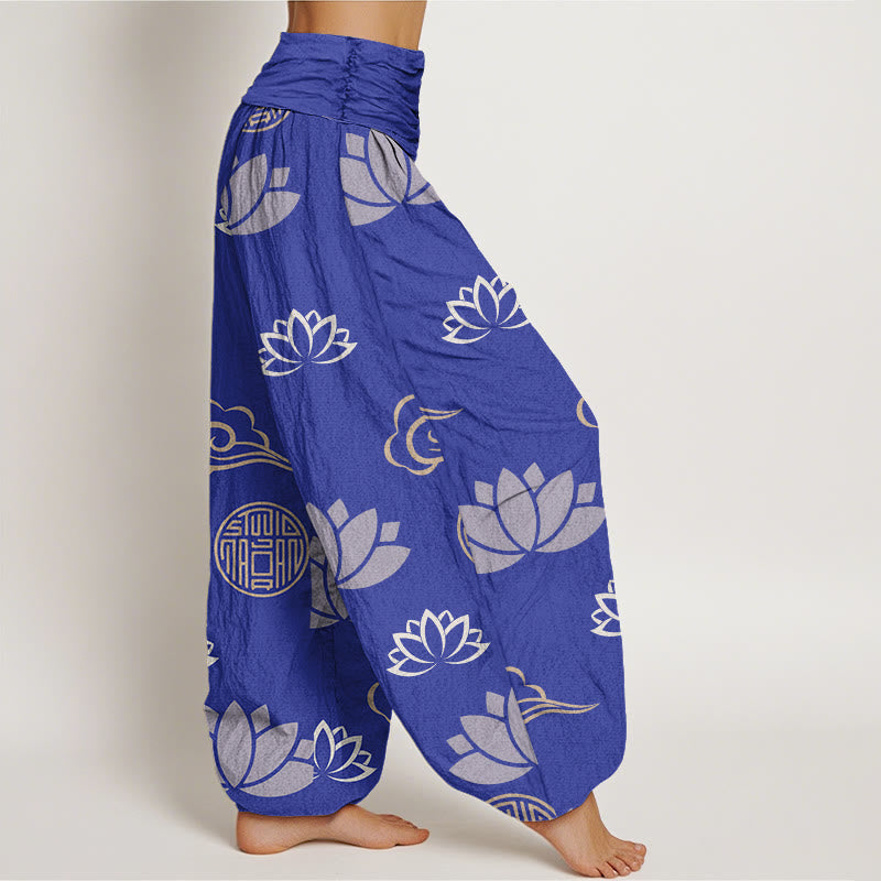 Pantaloni harem da donna in cotone con motivo a nuvole e lanterne, motivo casual, motivo fiori di loto e Buddha Stones - image 6